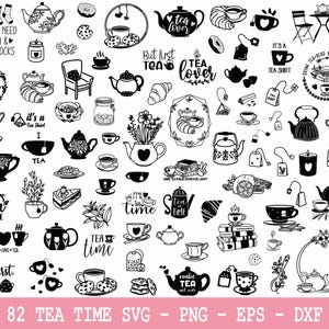 以下が含まれることがあります： 黒と白のティーテーマの82個のSVG、PNG、EPS、DXFファイルのコレクション。ティーポット、ティーカップ、ティーバッグ、クッキー、および「Tea Lover」や「It's Tea Time」などのテキストが含まれています。画像の下部には「82 TEA TIME SVG - PNG - EPS - DXF」と書かれています。