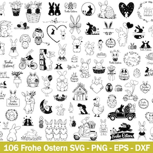 May include: A collection of 106 black and white Easter-themed SVG, PNG, EPS, and DXF designs. The illustrations include various bunnies, Easter eggs, baskets, and decorative elements. Text includes "Frohe Ostern" and "Happy Easter".