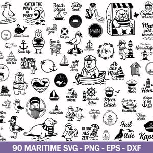 Puede incluir: Gráficos SVG y PNG de temática náutica en blanco y negro. Incluye ilustraciones de gaviotas, veleros, anclas, ballenas, faros y frases como "Beach House" y "Ocean Love".