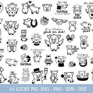 Puede incluir: Una colección de 41 ilustraciones de cerdos de la suerte en blanco y negro. Las imágenes incluyen cerdos con alas, sosteniendo tréboles y con texto como "Viel Glück" y "Frohes neues Jahr".