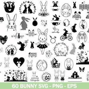 May include: A selection of 60 black and white bunny-themed SVG, PNG, and EPS graphics. The designs feature bunnies with floral crowns, silhouettes, and text such as "Welcome", "Mama Bunny", and "Frohe Osterzeit".
