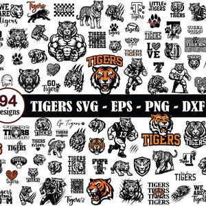 May include: A selection of 94 tiger-themed designs in SVG, EPS, PNG, and DXF formats. The designs feature tiger illustrations, text, and graphics, using orange, black, and white. The word "Tigers" is a key element in the designs.