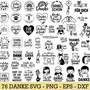Peut inclure: Ensemble de 76 fichiers SVG, PNG, EPS et DXF en noir et blanc avec des motifs "Danke" (Merci). Les motifs comprennent des cœurs, des fleurs et des illustrations dessinées à la main, parfaits pour l'artisanat et les projets numériques.