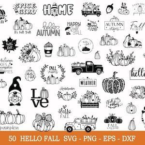 Könnte beinhalten: Eine Sammlung von 50 schwarz-weißen Herbst-Designs im SVG-, PNG-, EPS- und DXF-Format. Die Designs umfassen Kürbisse, Herbstphrasen, Lastwagen, Gnome und dekorative Elemente. Texte beinhalten "Welcome Autumn", "Hello Fall" und "Fall Vibes".
