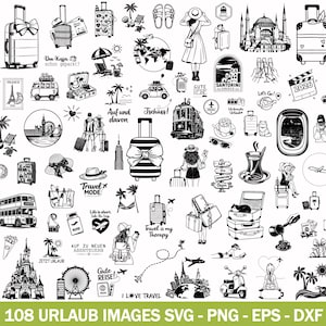 Puede incluir: Colección de 108 ilustraciones en blanco y negro con temática de viajes. Las imágenes incluyen maletas, monumentos, personas y frases relacionadas con viajes como "Travel Mode" e "I Love Travel". Formatos SVG, PNG, EPS y DXF.