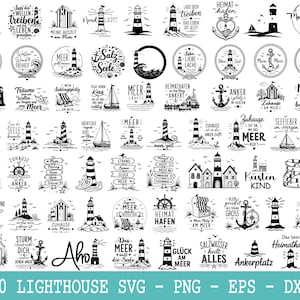 Könnte beinhalten: Eine Sammlung von 70 schwarz-weißen digitalen Grafikdesigns mit Leuchttürmen, Ankern, Segelbooten und nautischen deutschen Textphrasen. Die Bilder sind in einem Raster angeordnet und zeigen verschiedene maritime Symbole und Typografien.