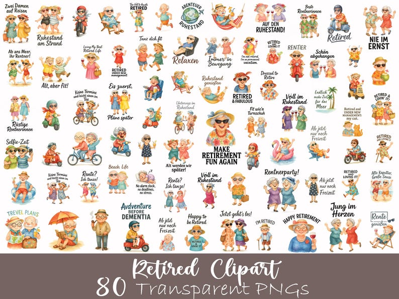 May include: A collection of 80 transparent PNG clipart images featuring watercolor illustrations of retired people enjoying various activities. The images include text such as "Retired", "Happy Retirement", and "Make Retirement Fun Again".