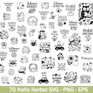 Puede incluir: Una colección de 70 gráficos SVG, PNG y EPS en blanco y negro con temática otoñal. Los diseños incluyen calabazas, hojas, animales y texto como "Hello Autumn" y "Autumn Vibes".