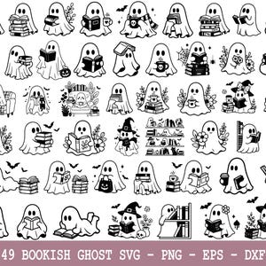 May include: A collection of 49 black and white illustrations of ghosts, each engaged in book-related activities. Some ghosts read, hold coffee cups, or wear witch hats. The phrase "49 Bookish Ghost SVG - PNG - EPS - DXF" is at the bottom.