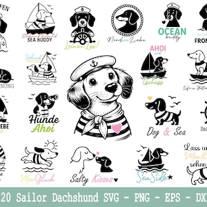 May include: A collection of 20 sailor dachshund designs in black and white. The designs include dachshunds wearing sailor hats, sailing on boats, and various nautical-themed phrases like "Sea Buddy" and "Dog & Sea."