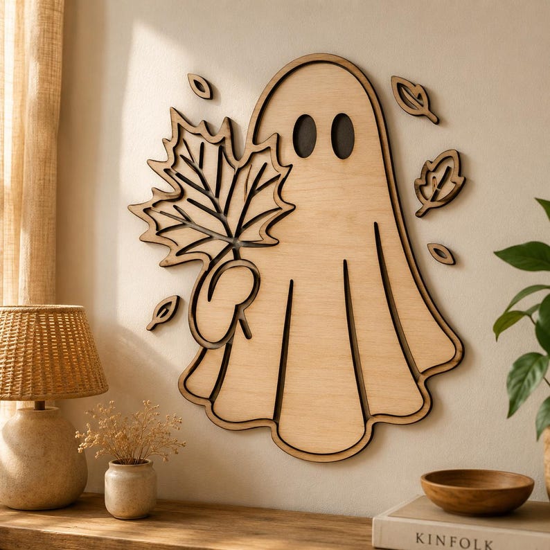 May include: Wooden wall art featuring a ghost holding a maple leaf, with additional leaf cutouts. The ghost has two oval eye cutouts. The art is made of light-colored wood with dark brown outlines, creating a layered effect. A seasonal, autumn-themed decoration.
