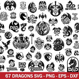 May include: A selection of 67 black dragon-themed designs, featuring dragons, dice, swords, and text elements such as "Dungeon Master" and "Let's Roll." The designs are in SVG, PNG, EPS, and DXF formats.