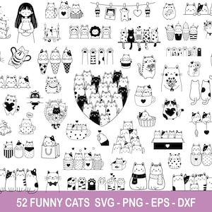 Pode incluir: Uma coleção de 52 ilustrações de gatos engraçados em preto e branco. As imagens incluem gatos em várias poses, como segurando flores, em xícaras e em caixas. O texto "52 FUNNY CATS SVG - PNG - EPS - DXF" está na parte inferior.