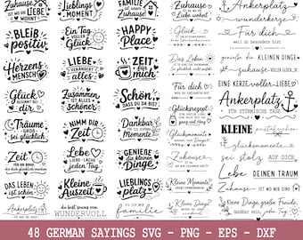 May include: A collection of 48 black and white graphic designs featuring various German phrases, decorative typography, and icons such as hearts, houses, clocks, and anchors, arranged in a grid format for use as digital cutting files or prints.