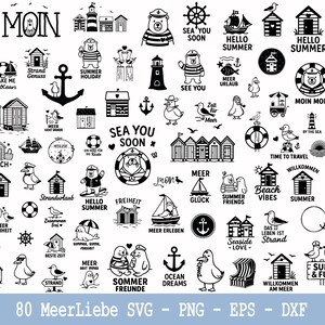 Può includere: Una collezione di 80 illustrazioni digitali in bianco e nero a tema nautico con orsi, gabbiani, fari, cabine da spiaggia, ancore e salvagenti, accompagnate da varie frasi marittime come 'Hello Summer' e 'Ocean Dreams'.