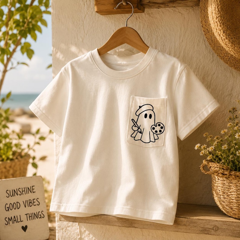 May include: A white t-shirt with a pocket featuring a black and white cartoon ghost wearing a beret and holding a paintbrush and palette. The shirt is hanging on a wooden hanger. A sign with the text "SUNSHINE GOOD VIBES SMALL THINGS" is visible.