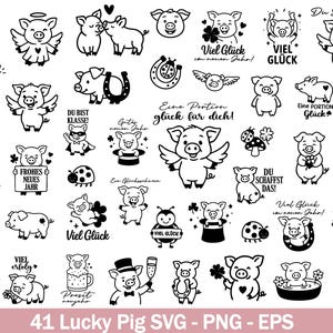 Peut inclure: Ensemble de 41 illustrations de cochons porte-bonheur en noir et blanc, aux formats SVG, PNG et EPS. Les motifs incluent des cochons avec des ailes, des cœurs et des trèfles, ainsi que des phrases allemandes.