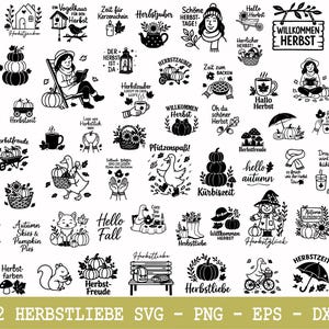 Könnte beinhalten: Eine Sammlung von 62 schwarz-weißen SVG-Designs zum Thema Herbst. Die Designs umfassen Kürbisse, Herbstblätter, Vogelscheuchen und Texte wie "Hello Autumn" und "Welcome Fall".