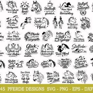 Könnte beinhalten: Eine Sammlung von 45 schwarz-weißen Designs zum Thema Pferde. Die Designs umfassen Illustrationen von Pferden, Hufeisen und Text auf Deutsch. Die Designs eignen sich für SVG-, PNG-, EPS- und DXF-Formate.