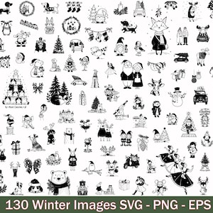 Op de afbeelding: Een verzameling van 130 zwart-wit lijntekeningen met winter- en kerstthema's, waaronder de Kerstman, rendieren, sneeuwpoppen, versierde bomen, cadeaus, dieren en feestelijke figuren gerangschikt in een rasterpatroon.