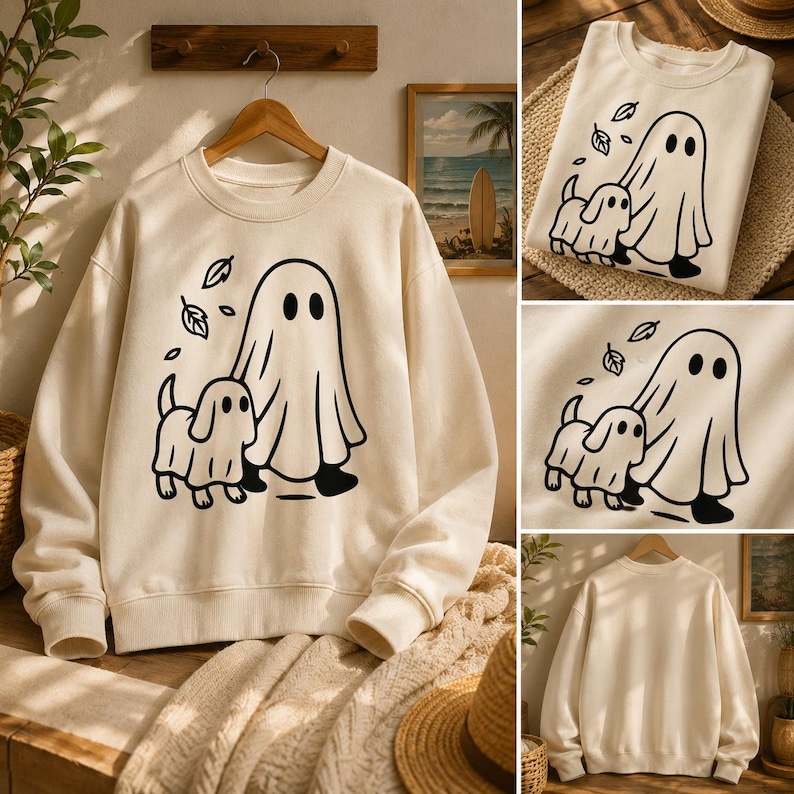 May include: Cream-colored sweatshirt featuring a black graphic of a ghost and a dog, with falling leaves. The design is centered on the front of the long-sleeved, crew-neck top. The sweatshirt is displayed on a wooden hanger.