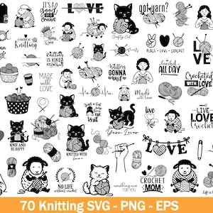 Könnte beinhalten: Eine Sammlung von 70 schwarz-weißen Strick- und Häkel-Designs im SVG-, PNG- und EPS-Format. Die Designs umfassen Wollknäuel, Schafe, Katzen und Texte wie "Knitters Gonna Knit" und "Crochet All Day".