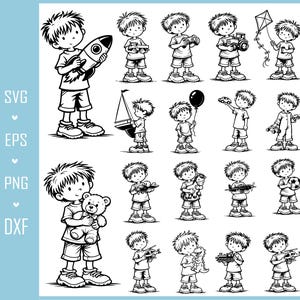 Op de afbeelding: Zwart-wit vectorillustraties van een jongen met diverse speelgoed, waaronder een raket, zeilboot, teddybeer en vliegtuig. De afbeelding bevat ook de tekst "SVG, EPS, PNG, DXF".