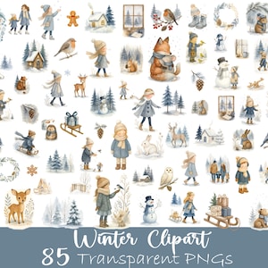 May include: Watercolor winter clipart set featuring illustrations of children, animals, and winter scenes. Includes images of foxes, deer, snowmen, and winter clothing. The text at the bottom reads "Winter Clipart 85 Transparent PNGs."
