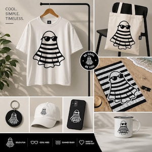 May include: A collection of white products featuring a black and white ghost design wearing sunglasses. Items include a t-shirt, tote bag, beach towel, keychain, baseball cap, phone case, and mug. Text includes "COOL. SIMPLE. TIMELESS." and "BE COOL BE YOU."