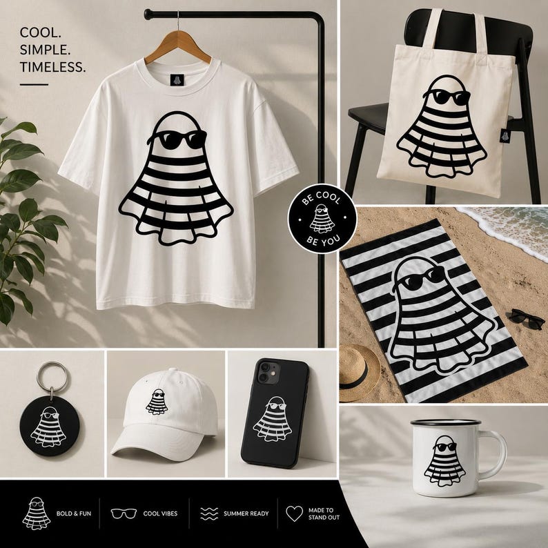 May include: A collection of white products featuring a black and white ghost design wearing sunglasses. Items include a t-shirt, tote bag, beach towel, keychain, baseball cap, phone case, and mug. Text includes "COOL. SIMPLE. TIMELESS." and "BE COOL BE YOU."