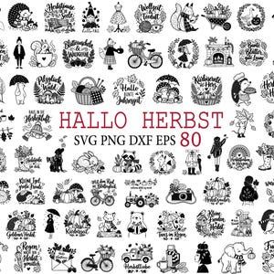 Könnte beinhalten: Eine Sammlung von 80 schwarz-weißen digitalen Illustrationen mit herbstlichen Motiven wie Igeln, Füchsen, Kürbissen, Fahrrädern und Regenschirmen, ergänzt durch deutsche Schriftzüge wie Hallo Herbst, angeordnet in einem Raster.