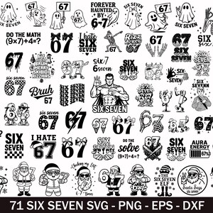 Könnte beinhalten: Eine Sammlung von schwarz-weißen SVG-, PNG-, EPS- und DXF-Dateien mit dem Text "SIX SEVEN" und der Zahl "67" in verschiedenen Designs. Enthält Geister-, Weihnachtsmann- und Superhelden-Illustrationen.