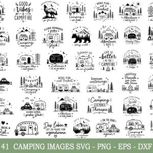 May include: A selection of 41 black and white camping-themed illustrations. Designs feature camper vans, mountains, trees, and phrases such as "Good Vibes & Campfire." Formats include SVG, PNG, EPS, and DXF.