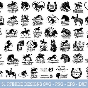 Könnte beinhalten: Eine Sammlung von 51 schwarz-weißen Designs zum Thema Pferde in den Formaten SVG, PNG, EPS und DXF. Die Designs umfassen Pferde, Reiter, Hufeisen und Text auf Deutsch, wie "Mein Herz gehört den Pferden" und "Reiten ist Fliegen ohne Flügel".