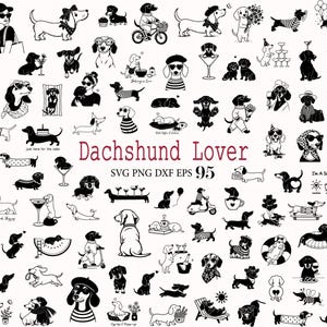 Puede incluir: Una colección de 95 ilustraciones en blanco y negro que muestran perros salchicha en diversas poses, actividades y atuendos, incluyendo accesorios como gafas de sol, sombreros y bebidas, con el texto Dachshund Lover SVG PNG DXF EPS 95.