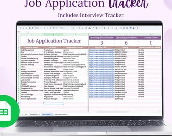 May include: A laptop displays a Google Sheets job application tracker with the title "Job Application Tracker" and includes an interview tracker. The screen shows a spreadsheet with columns for company name, job title, and application status. The image also includes the text "2 Tabs | Easy to Use | Instant Download."