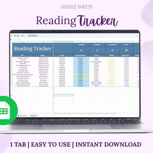 Puede incluir: Una computadora portátil muestra una hoja de cálculo "Reading Tracker" en Google Sheets. La hoja de cálculo incluye columnas para título, autor, formato, estado y calificación. El texto "1 TAB | EASY TO USE | INSTANT DOWNLOAD" está en la parte inferior.