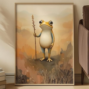 Wunderliche Frosch Traveller Wandkunst, Cottagecore Animal Print, lustige Natur Kunstwerk, digitaler Download druckbares Dekor