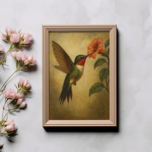 Vintage Hummingbird Oil Painting Print: Botanical Nature Art (Digital Download