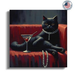 Classy Black Cat with Pearls and Martini, Vintage Bar Lounge Wall Art, Retro Cat Canvas Print, Glam Home Bar Decor, Gift for Cat Lovers