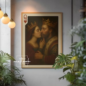 Decorazione murale romantica con Re e Regina di Cuori, stampa di carte da gioco che si baciano, arredamento massimalista, regalo di coppia, poster per anniversario
