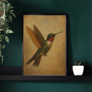 Vintage Hummingbird Oil Painting Print: Botanical Bird Wall Art (Digital Download)