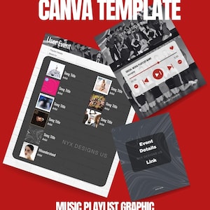 Könnte beinhalten: Eine Canva-Vorlage für eine Musik-Playlist-Grafik für soziale Medien. Die Vorlage zeigt ein Schwarzweißfoto einer Gruppe von Personen, einen Musikplayer mit einem Wiedergabebutton und eine Liste von Songtiteln und Künstlern. Der Text "NYX DESIGNS US" ist ebenfalls enthalten.