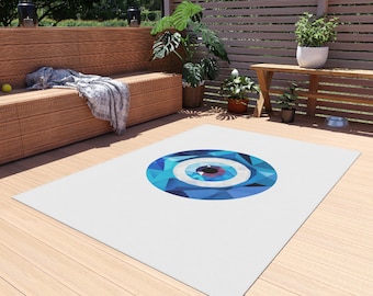 Vibrant Outdoor Rug with Eye Design, Bohemian Outdoor Mat, Patio Decor, Garden Welcome Rug, Poolside Area Rug, Summer Home Essentials