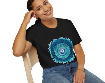 Evil Eye Boho T-Shirt, Unisex Softstyle Tee for Protection, Spiritual Gift, Casual Wear, Yoga Practice, Soft Cotton Tee