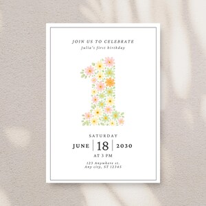 Invito personalizzabile per il 1° compleanno con fiori / Digitale e stampabile