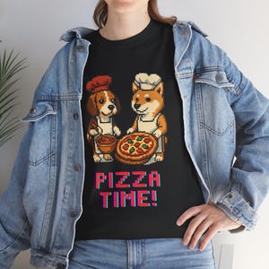 Cute Pizza Time Dog Pixel Art Tee, Unisex Heavy Cotton T-Shirt for Dog Lovers, Fun Gift for Pet Owners, Pizza Night Shirt, Casual Wear