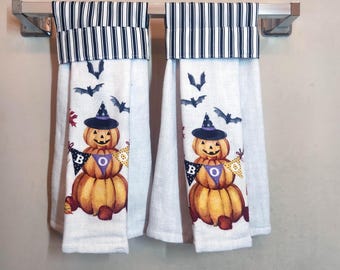 Halloween Hanging Kitchen Towel Set: Stacked Pumpkins, Bats, Autumn Theme, Black & White striped accent