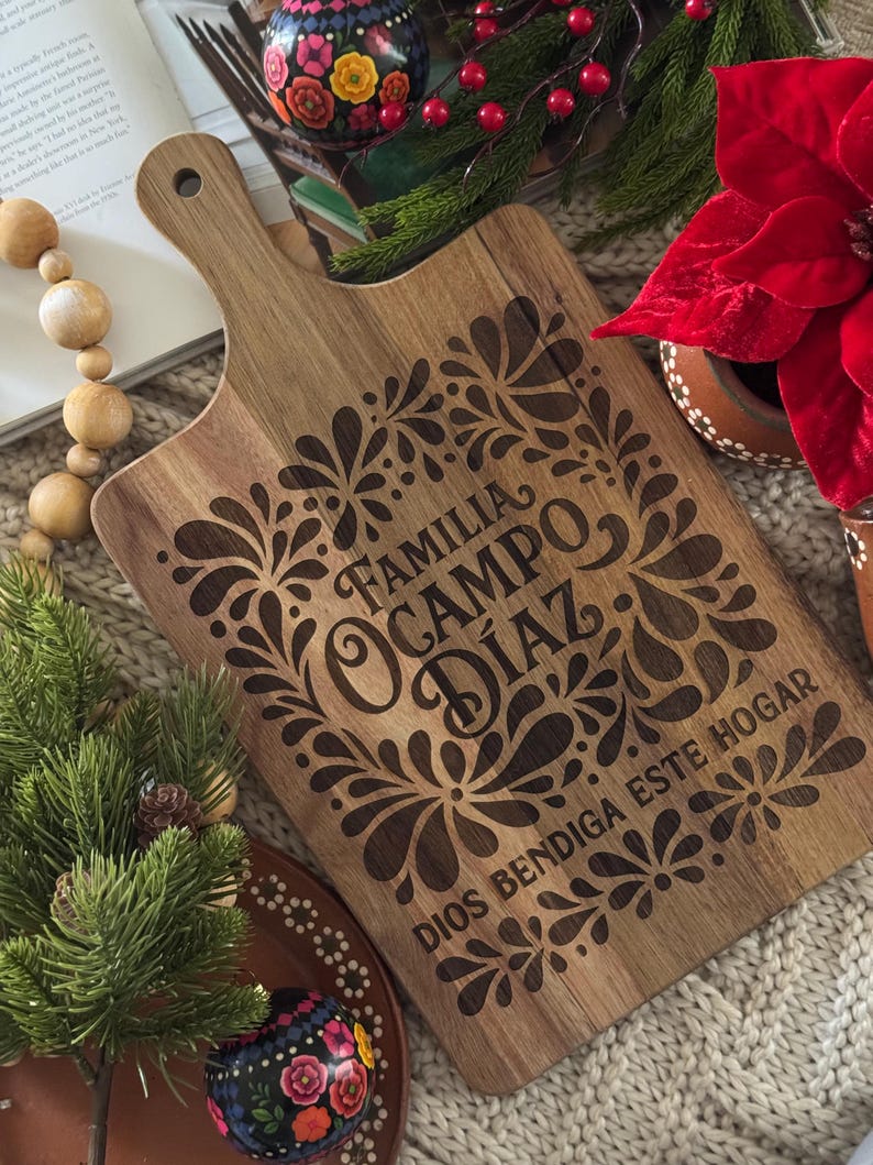 Talavera-Inspired Personalized Cutting Board – Custom Last Name – Laser Engraved – Mexican Kitchen Gift