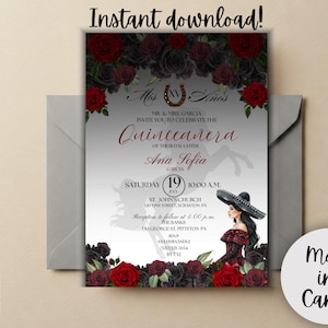 Roses Red and Black Theme Quinceanera Vaquera Invitation Quince